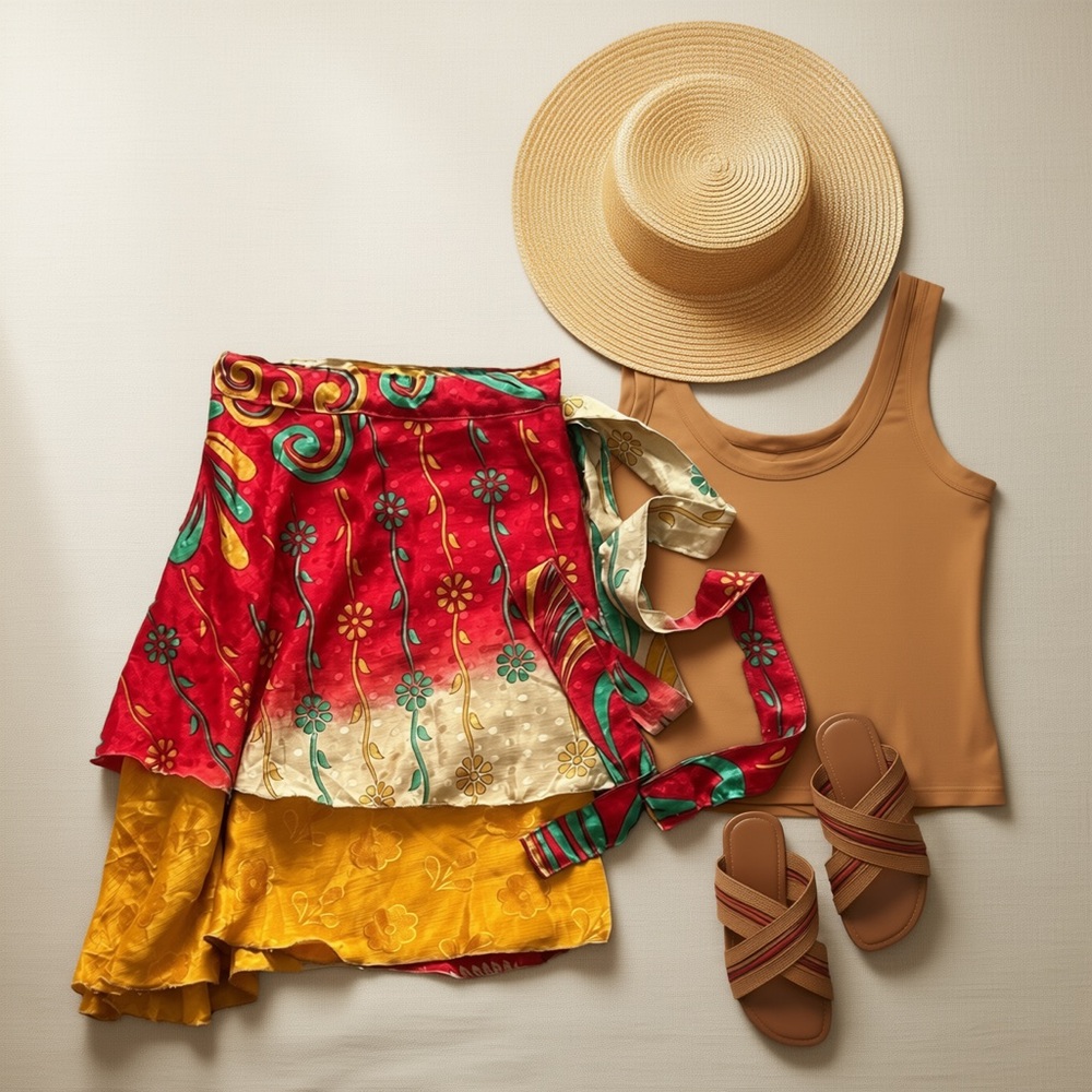 CYN by Cynthia Mehra Red and Yellow Floral Mini Wrap Skirt